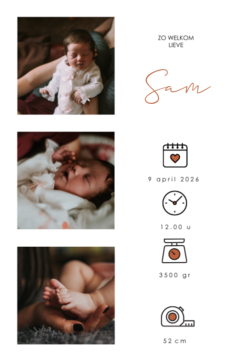 Hip geboortekaartje met drie foto's van je pasgeboren zoon
