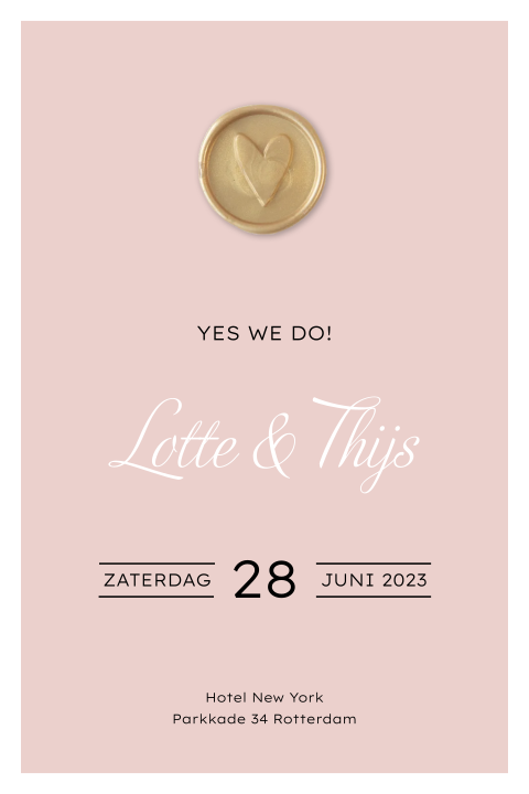 Roze trouwkaart gouden lakzegel met hart