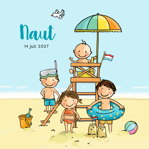Geboortekaartje met vier kindjes op het strand