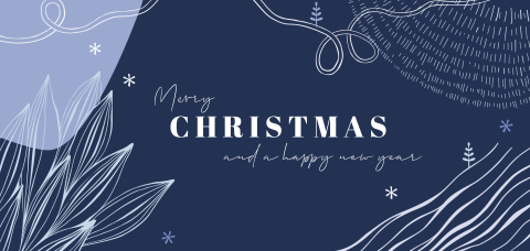 Blauwe kerstkaart met grafische tekeningen