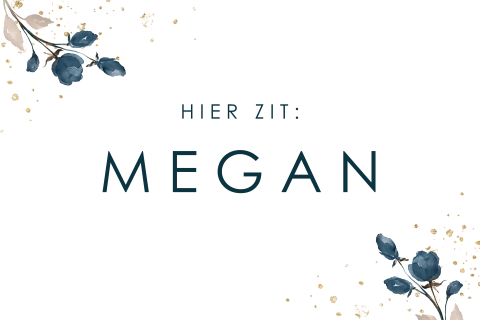 Tafelkaartje met gouden spetters en blauwe bloemen