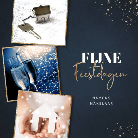 Donkerblauwe kerstkaart voor makelaars met fotokaders