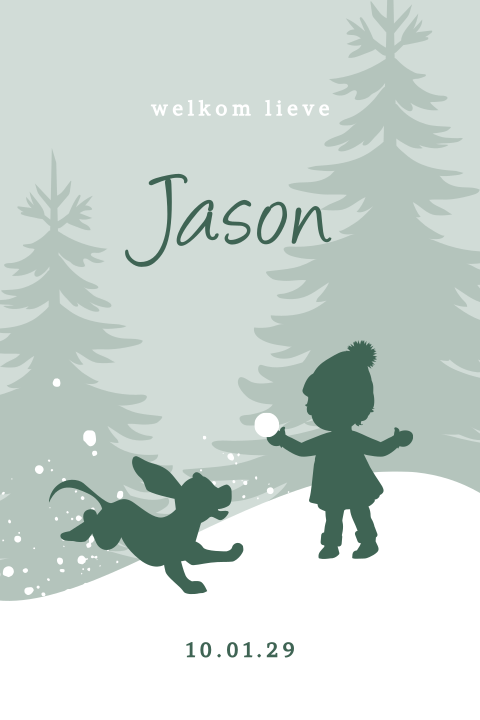 Winter silhouet geboortekaartje met jongen en hond