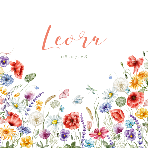 Geboortekaartje met zomerse bloemen en vlinders