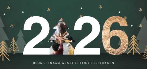 Groene zakelijke kerstkaart met 2026 en foto in kerstboom