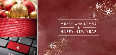 Rode kerstkaart met foto's ict en spetters