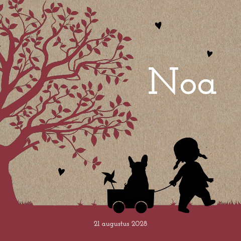 Kraft geboortekaartje silhouet meisje met hond bij boom