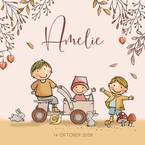 Herfst geboortekaartje 3e kind met meisje in houten kar