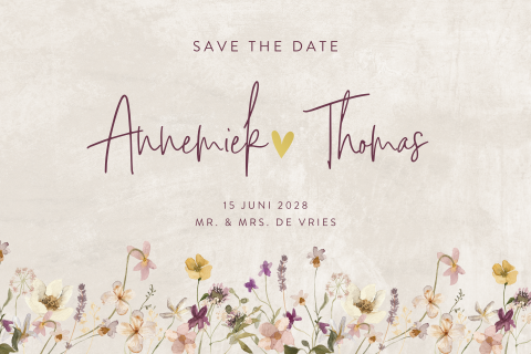 Save the date kaart met wilde veldbloemen en goudfolie