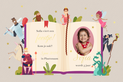 Uitnodiging kinderfeestje met sprookjesboek en foto