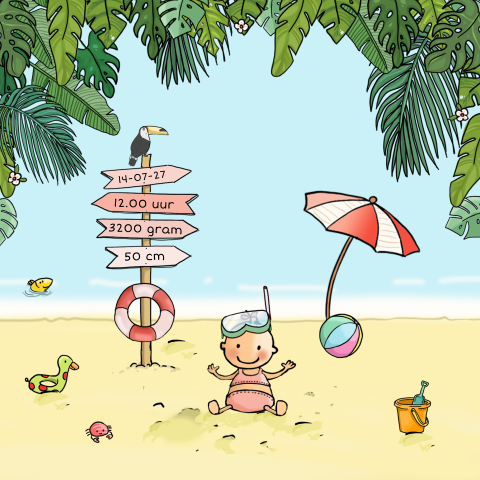 Geboortekaartje met baby meisje op het strand