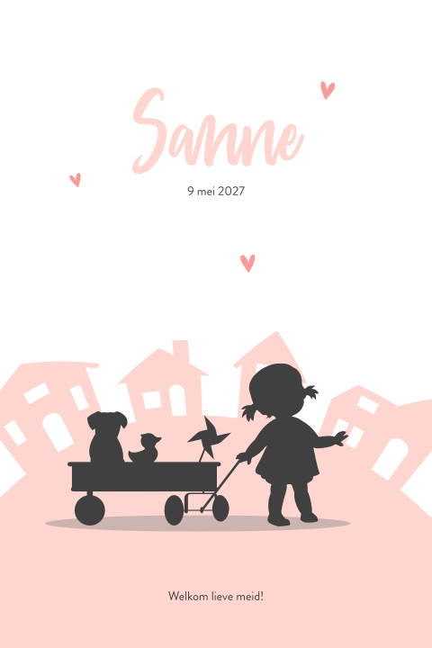 Silhouet geboortekaartje met meisje, trekkar en huizen
