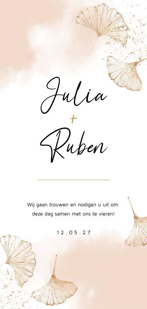 Roze trouwkaart met gouden ginkgo bladeren en mooie typografie