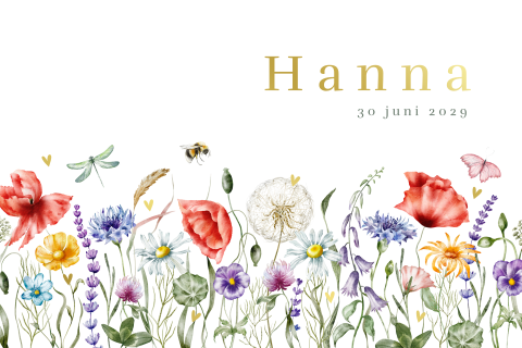 Geboortekaartje met waterverf bloemen en goudfolie