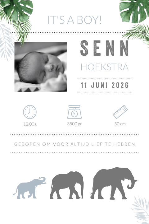 Blauw geboortekaartje jongen met baby olifant en babyfoto