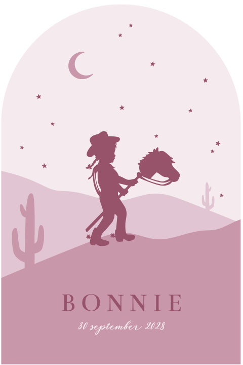 Geboortekaartje met meisje met stokpaardje en cowboyhoed