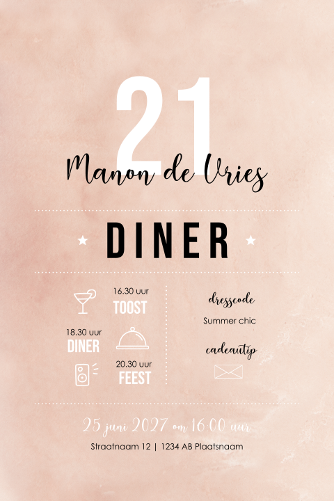 Roze uitnodiging 21e verjaardag met typografie