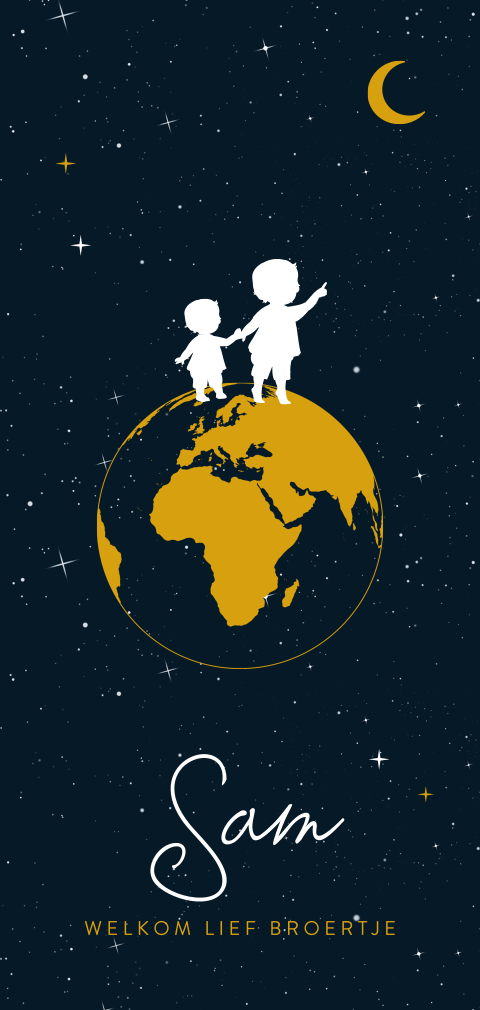 Geboortekaartje silhouette twee broertjes op wereldbol met maan
