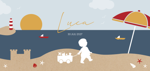 Zomer geboortekaartje silhouet met jongetje op het strand