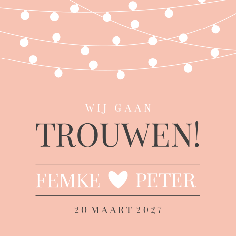 trendy trouwkaart in roze met witte lampjes