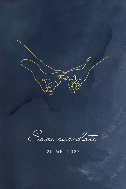 Donkerblauwe save the date met goudfolie lijntekening handen