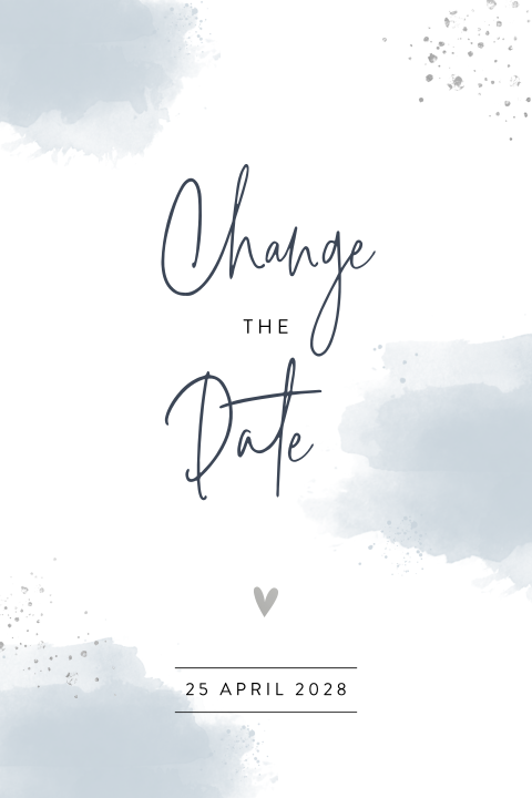 Change the date kaart met lichtblauwe waterverf en spetters