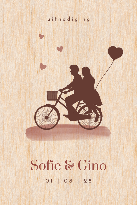 Houten trouwkaart met silhouet koppel op fiets