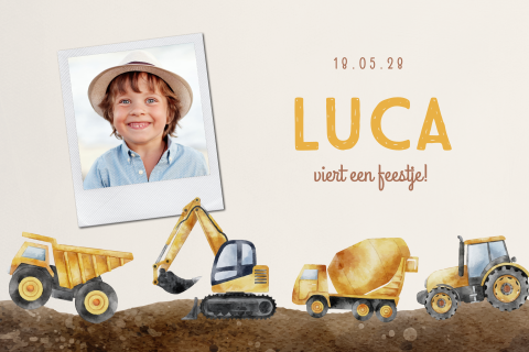 Uitnodiging kinderfeestje met bouwvoertuigen en foto