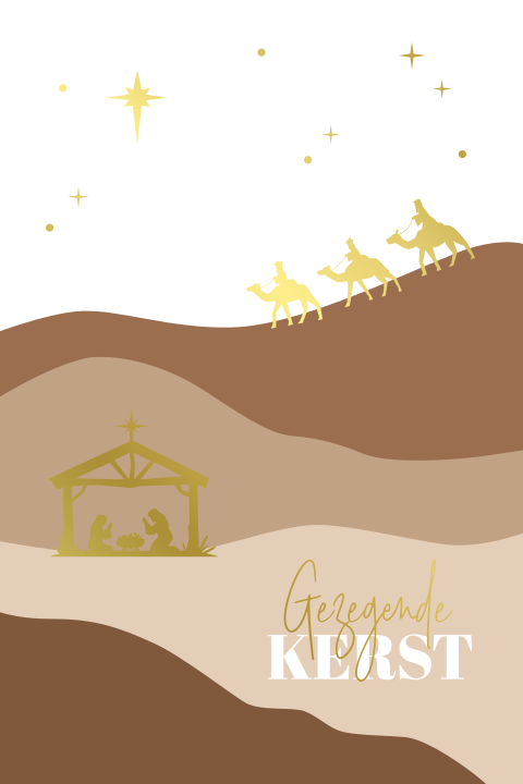 Kerstkaart met kerststal en drie wijzen in goudfolie