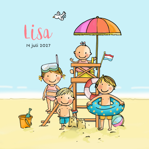 Meisjes geboortekaartje met vier kindjes op het strand