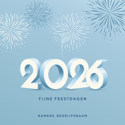 Duurzame kerstkaart met 2026 in 3D en vuurwerk