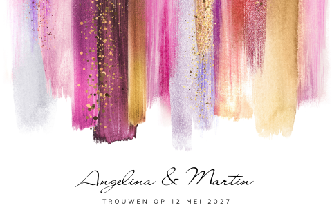 Trendy trouwkaart met paarse en roze verf vegen