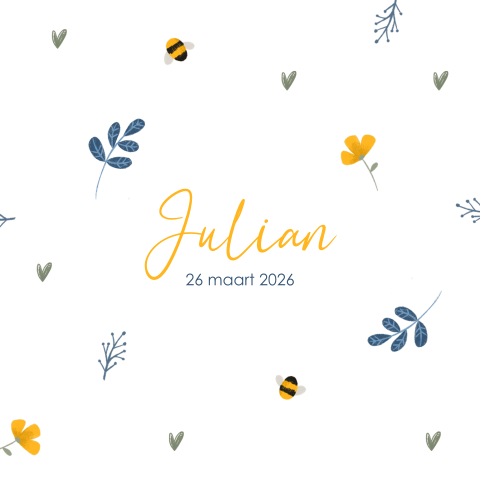 Lente geboortekaartje jongen met boterbloemen en blauwe bladeren
