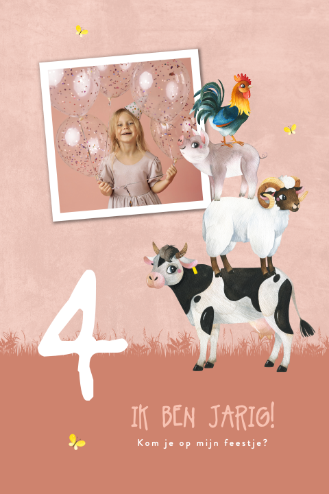 Leuke uitnodiging in roze voor kinderfeestje met boerderijdiertjes