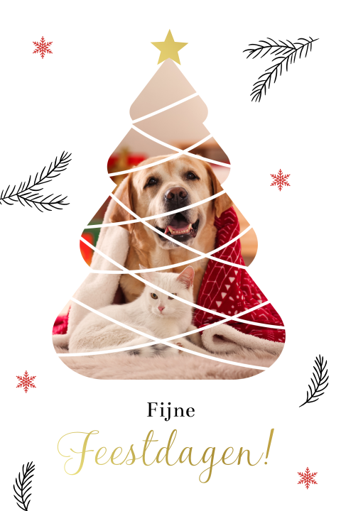 Hippe foto kerstkaart met kerstboom en goudfolie