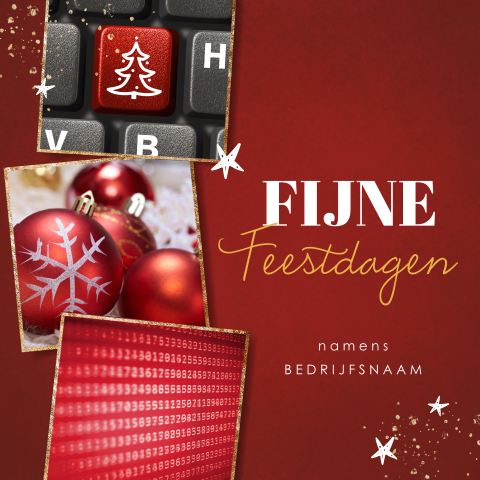 Kerstkaart ICT met gouden fotokaders in het rood