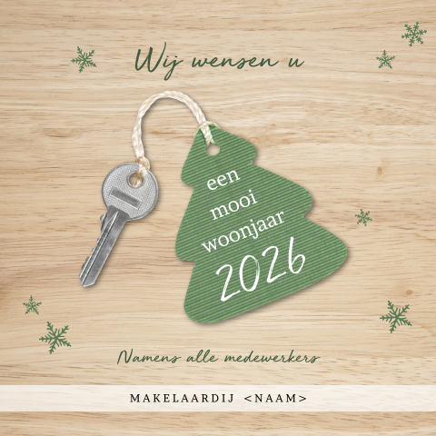 Kerstkaart met sleutel en kerstboom sleutelhanger