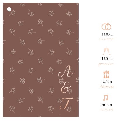 Trouwkaart met label, rosegoudfolie en luxe lint