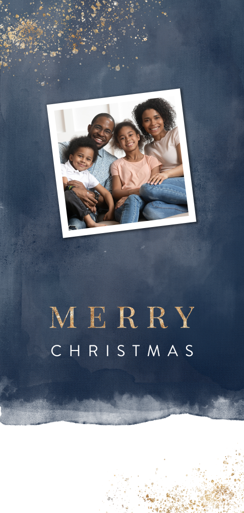 Donkerblauwe kerstkaart met foto en gouden spetters