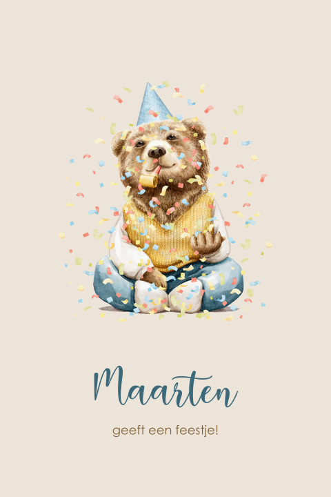 Uitnodiging kinderfeestje beer met feestmuts en confetti