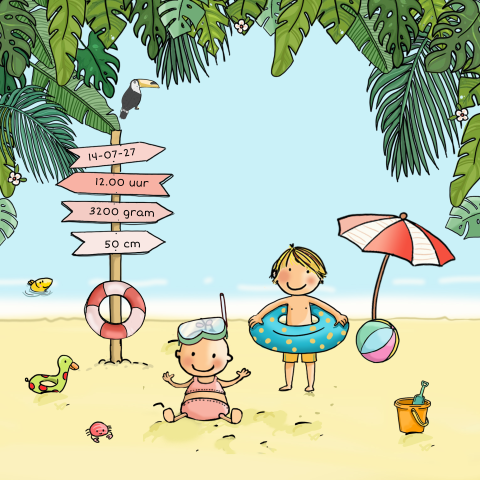 Geboortekaartje broer met baby meisje op het strand