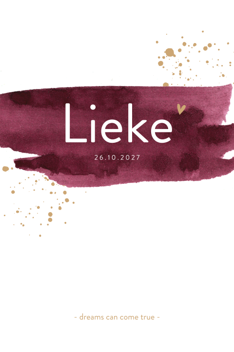 Geboortekaartje met bordeaux veeg en spetters