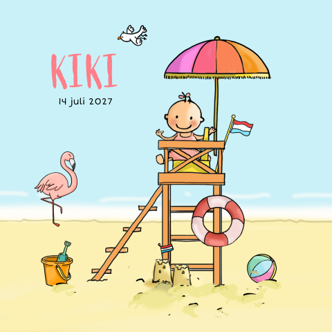 Zomer geboortekaartje met baby meisje op uitkijkstoel
