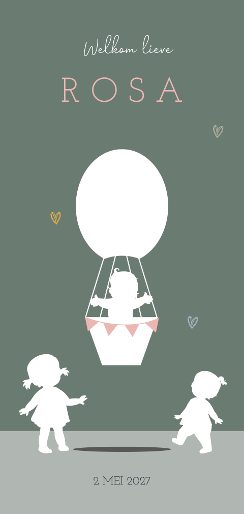 Silhouet geboortekaartje met luchtballon en drie zusjes