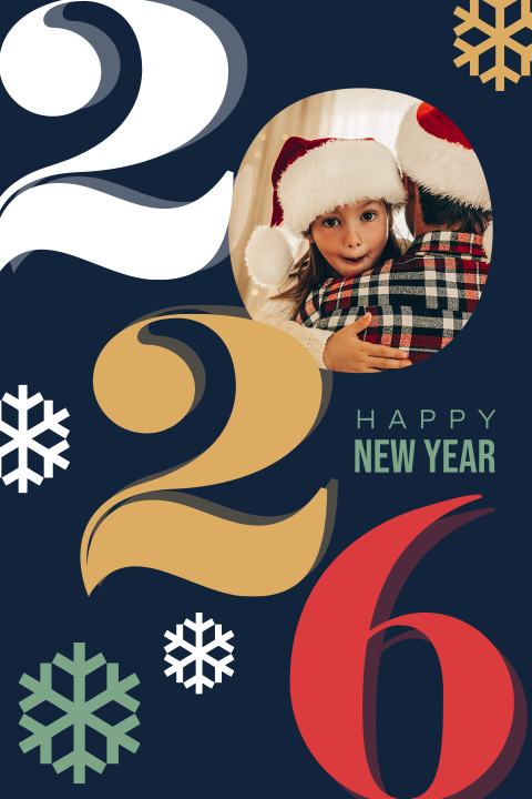 Grafische kerstkaart met eigen foto en 2026 in kleur