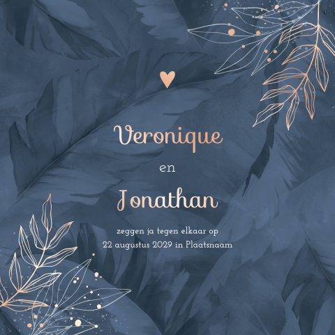 Botanische trouwkaart in donkerblauw met rosegoudfolie