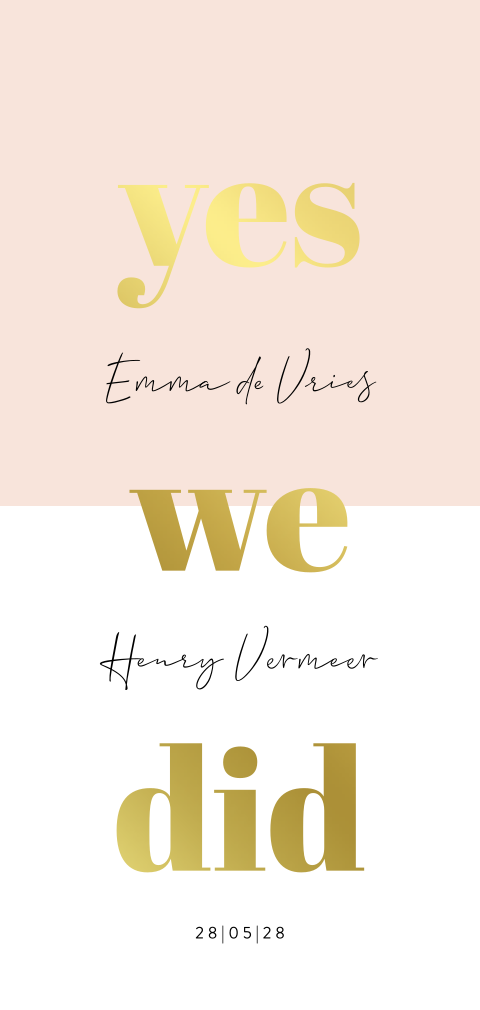 Roze wij zijn getrouwd kaart met typografie in goudfolie