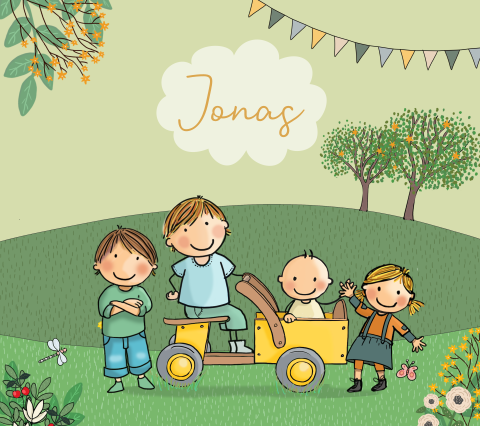 Geboortekaartje jongen met houten bakfiets en vier kinderen