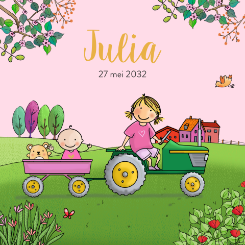 Geboortekaartje grote zus op tractor en baby meisje