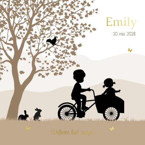 Geboortekaartje 2e kindje met silhouet bakfiets grote broer met zusje